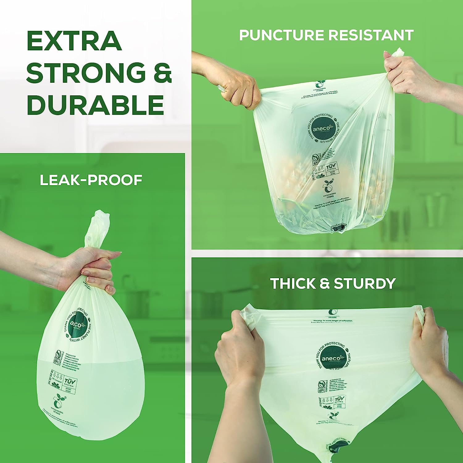 ANECO Compostable Trash Bags - Extra Thick, 100% Plastic-Free, 2.6 Gallon, 100 Count