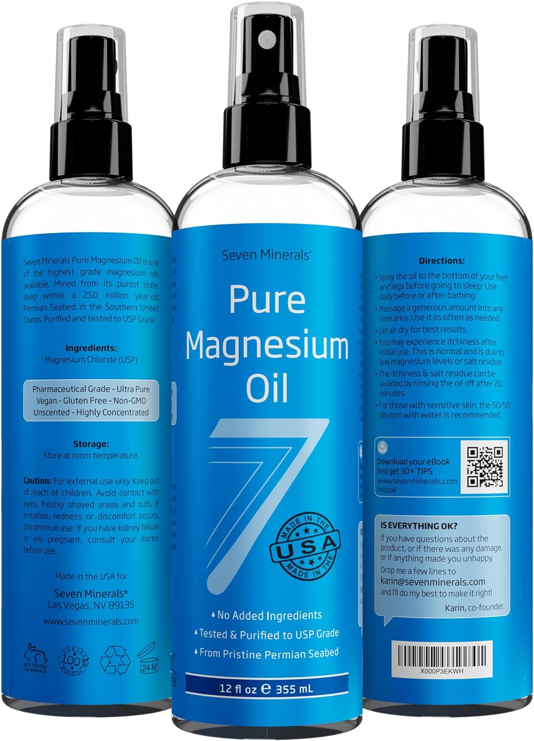 Seven Minerals Magnesium Oil Spray - 100% Absorbable, No Unhealthy Minerals - 12 oz