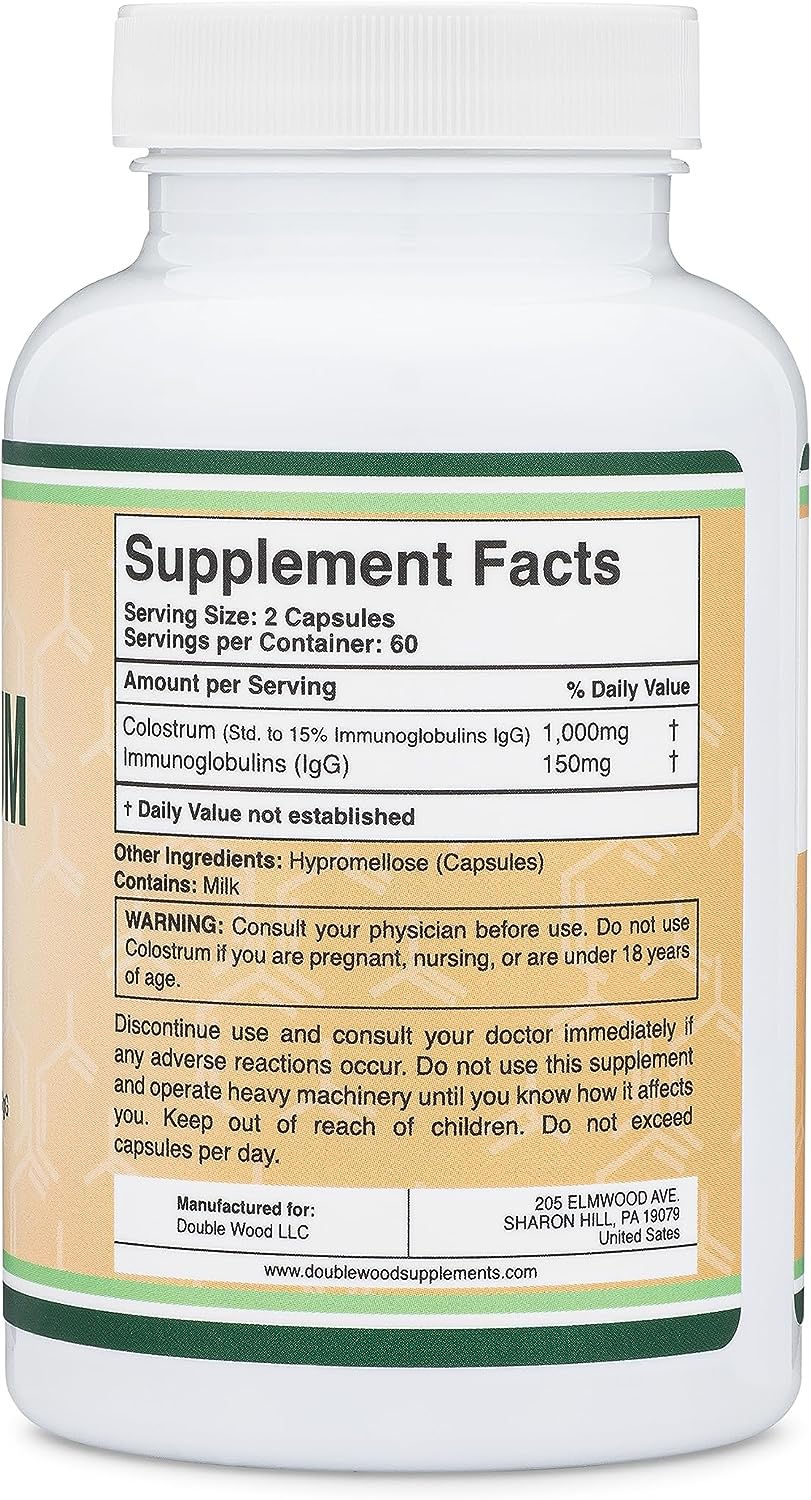 Double Wood Colostrum Supplement - 15% Immunoglobulins, No Fillers, 120 Capsules, 1,000mg