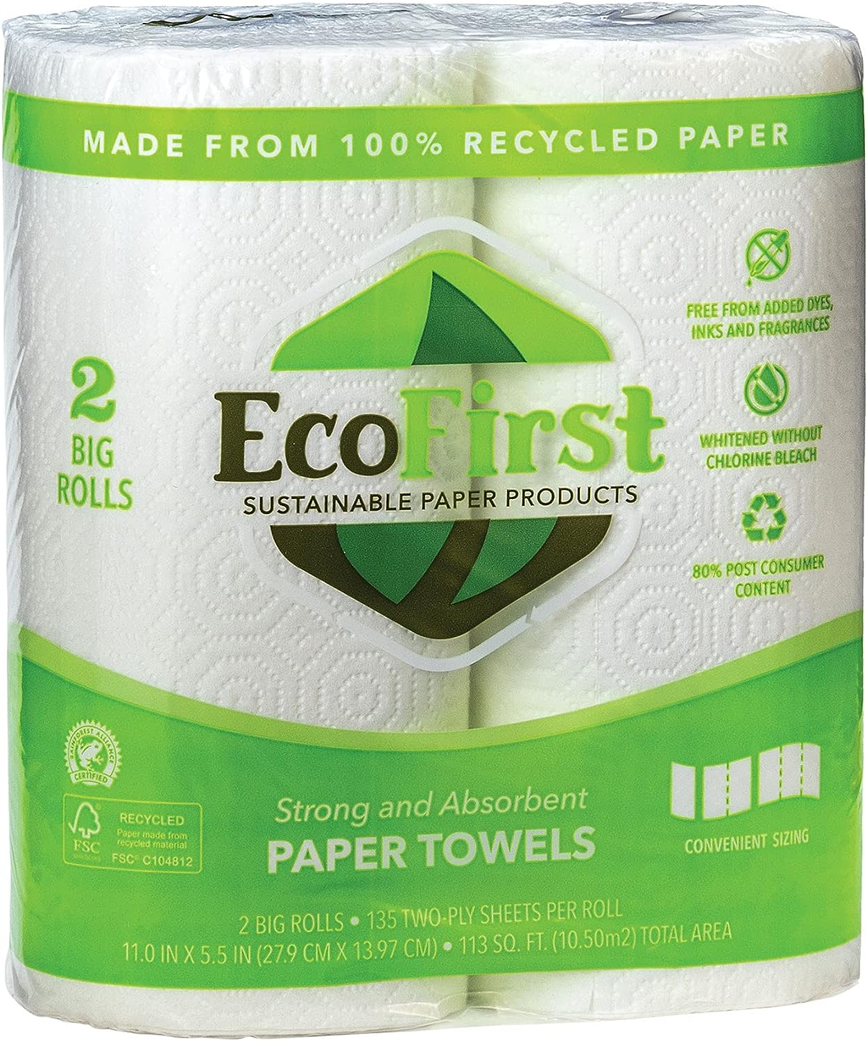 EcoFirst Paper Towels - 100% Recycled, Chlorine-Free, 2-Ply Strength, Half Sheets - 2 Rolls