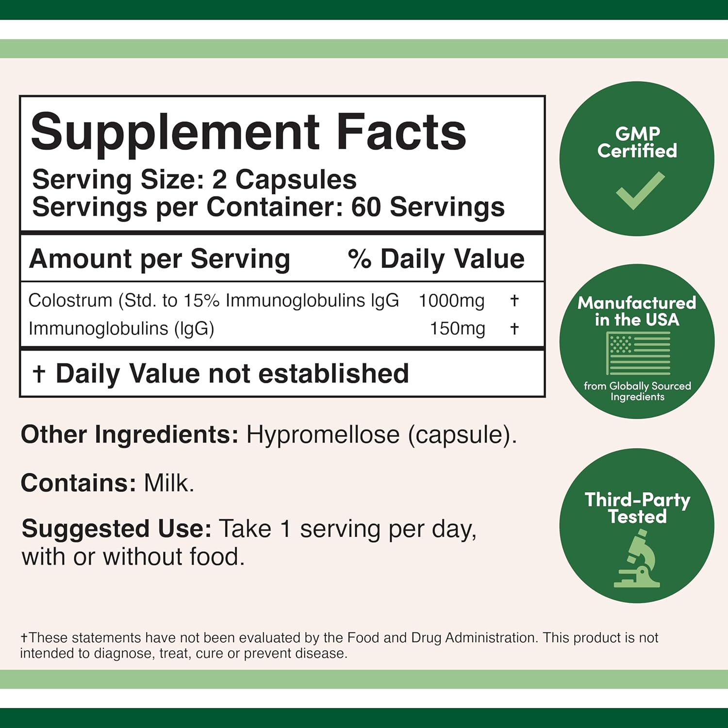Double Wood Colostrum Supplement - 15% Immunoglobulins, No Fillers, 120 Capsules, 1,000mg