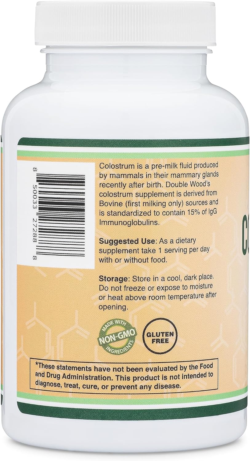 Double Wood Colostrum Supplement - 15% Immunoglobulins, No Fillers, 120 Capsules, 1,000mg