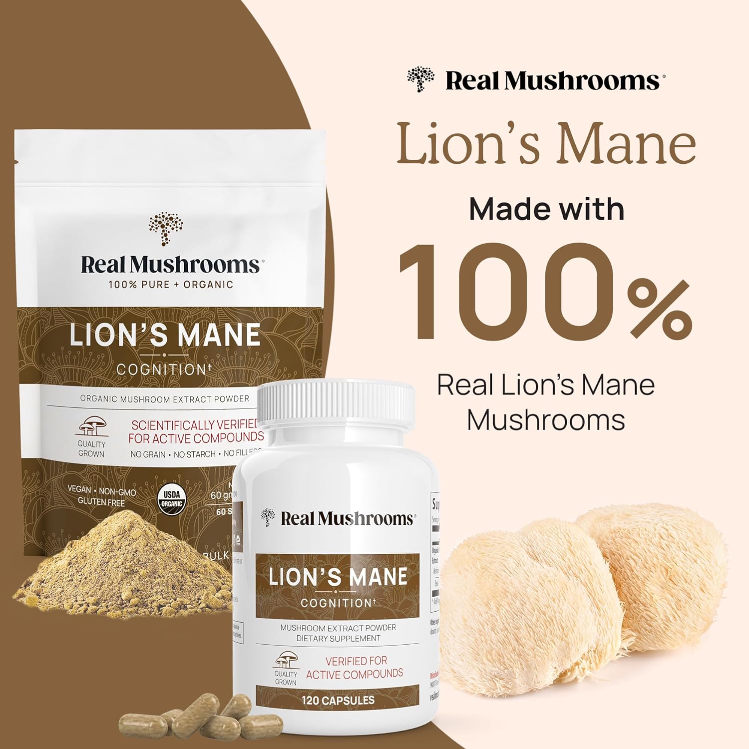 Real Mushrooms Lion’s Mane Mushroom Capsules - Cognitive & Immune Support, Organic Extract - 120ct