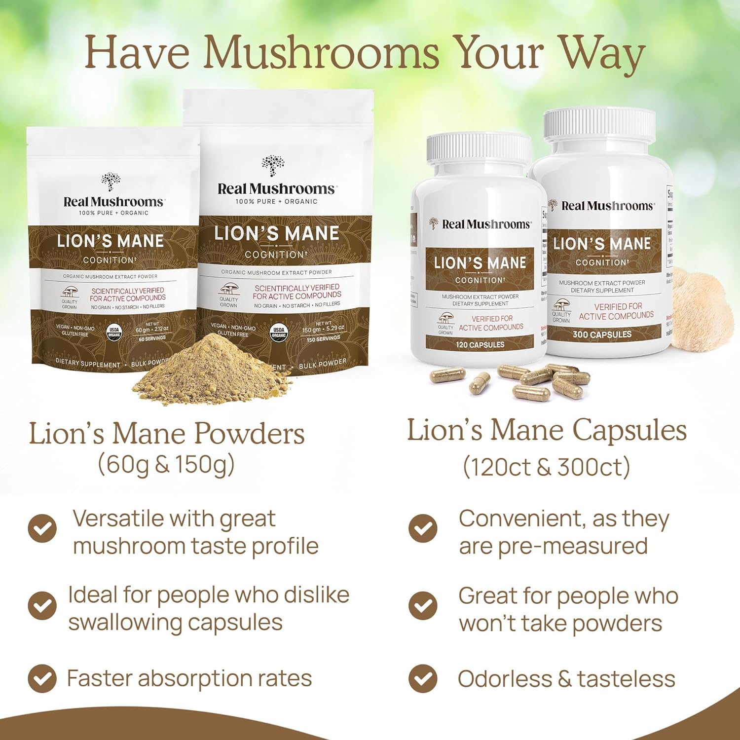 Real Mushrooms Lion’s Mane Mushroom Capsules - Cognitive & Immune Support, Organic Extract - 120ct