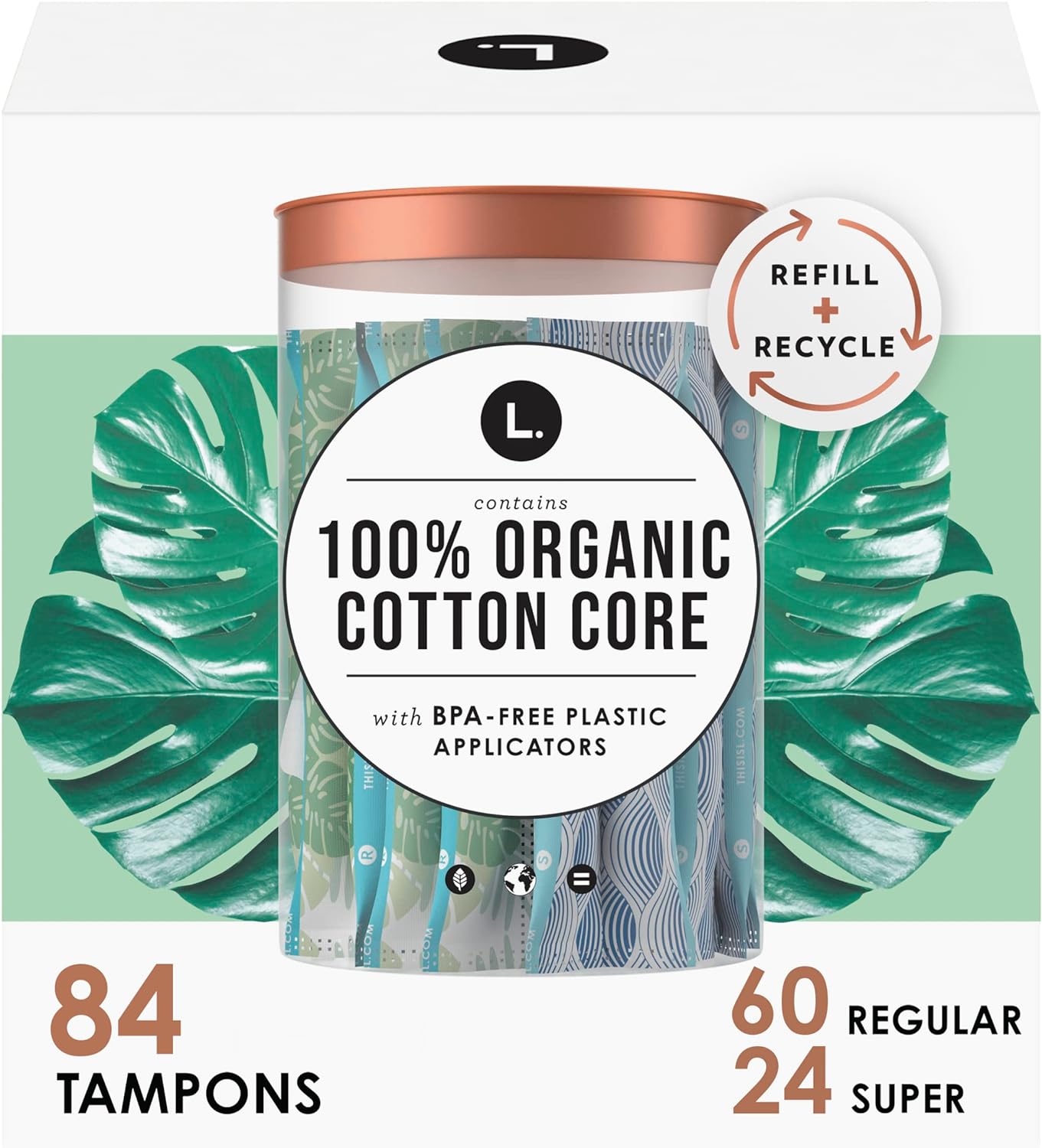 L. Organic Cotton Tampons - 100% Cotton, No Chemicals, Comfortable Applicator - 84 Count