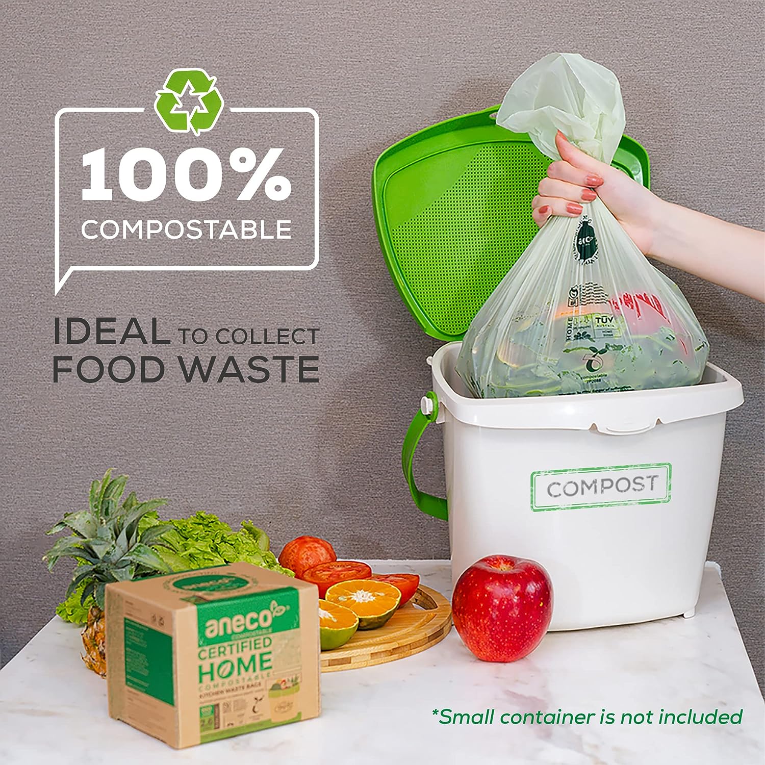ANECO Compostable Trash Bags - Extra Thick, 100% Plastic-Free, 2.6 Gallon, 100 Count