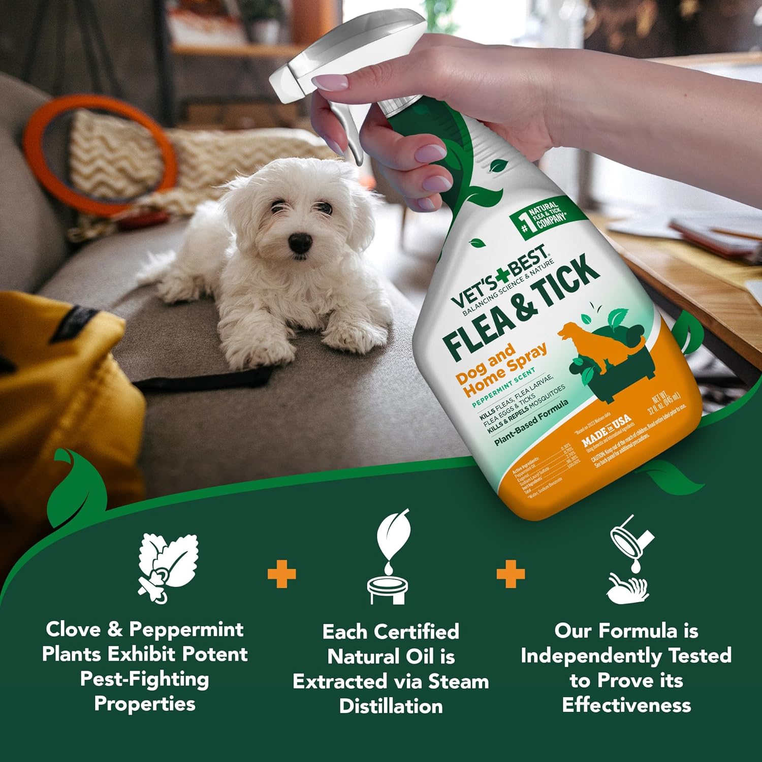Vet's Best Dog Flea & Tick Spray - Natural Plant-Based Protection, Safe for Home & Pets - 32oz