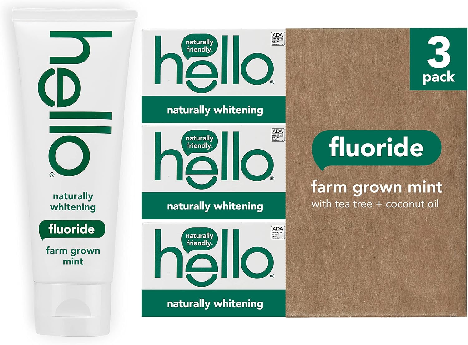 Hello Toothpaste - Naturally Whitens, Freshens Breath with Peppermint & Tea Tree Oil - 3 Pack, 4.7oz