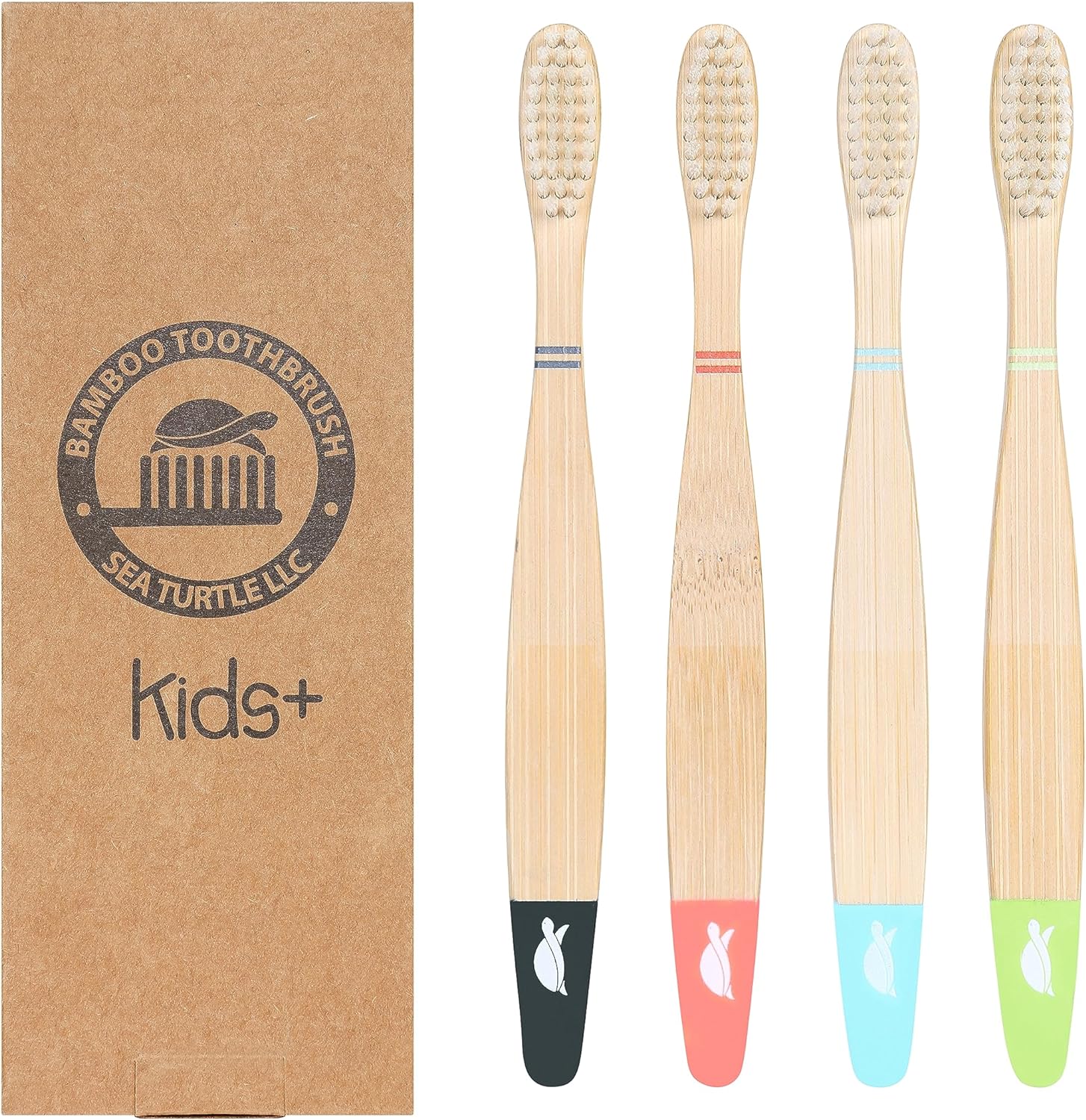 Sea Turtle Kids Toothbrush - Plant-Based Bristles, Bamboo, Safe Food-Grade Ink - 4 Pack