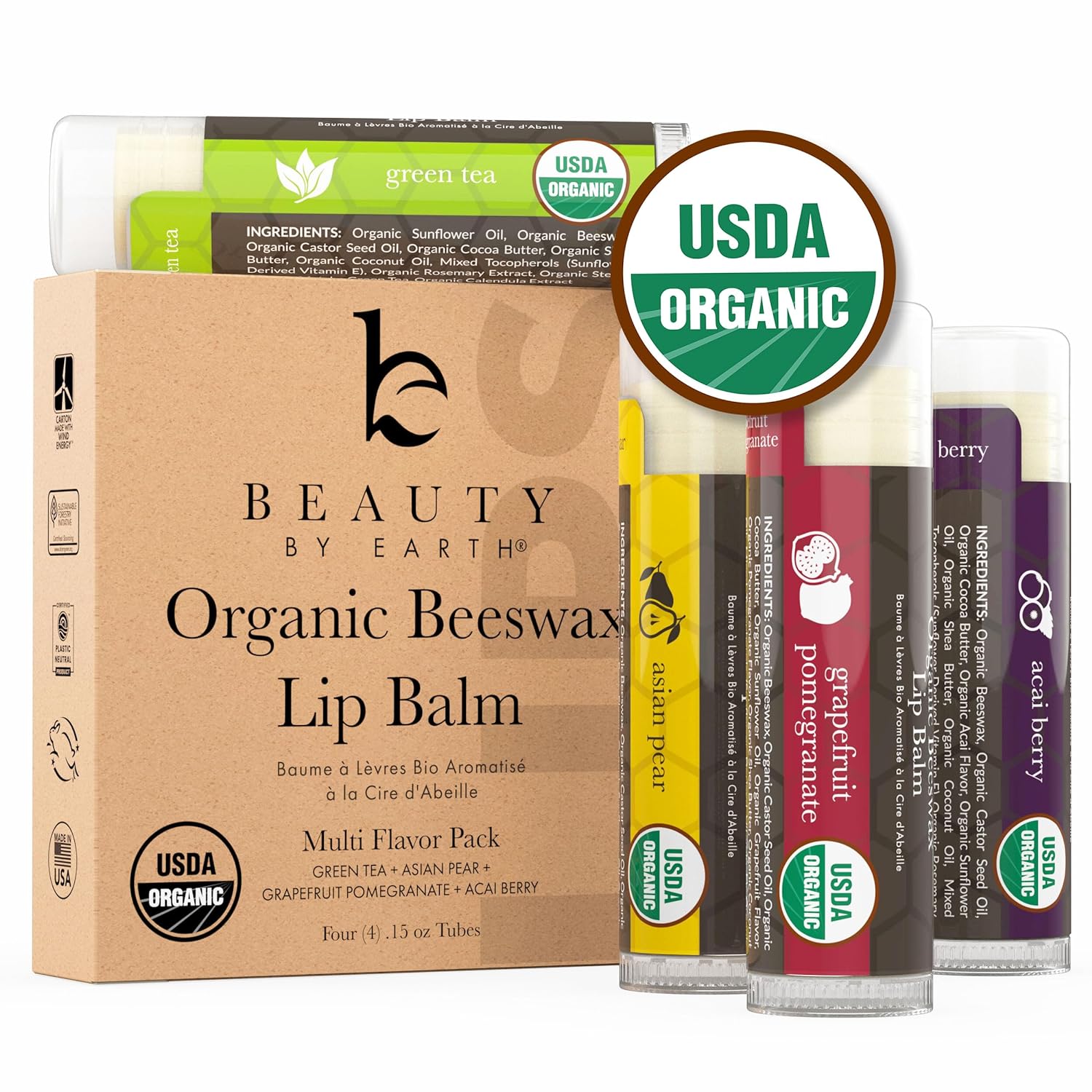 Organic Lip Balm Set - Hydrating Flavors for All, Natural Ingredients - 4 Pack