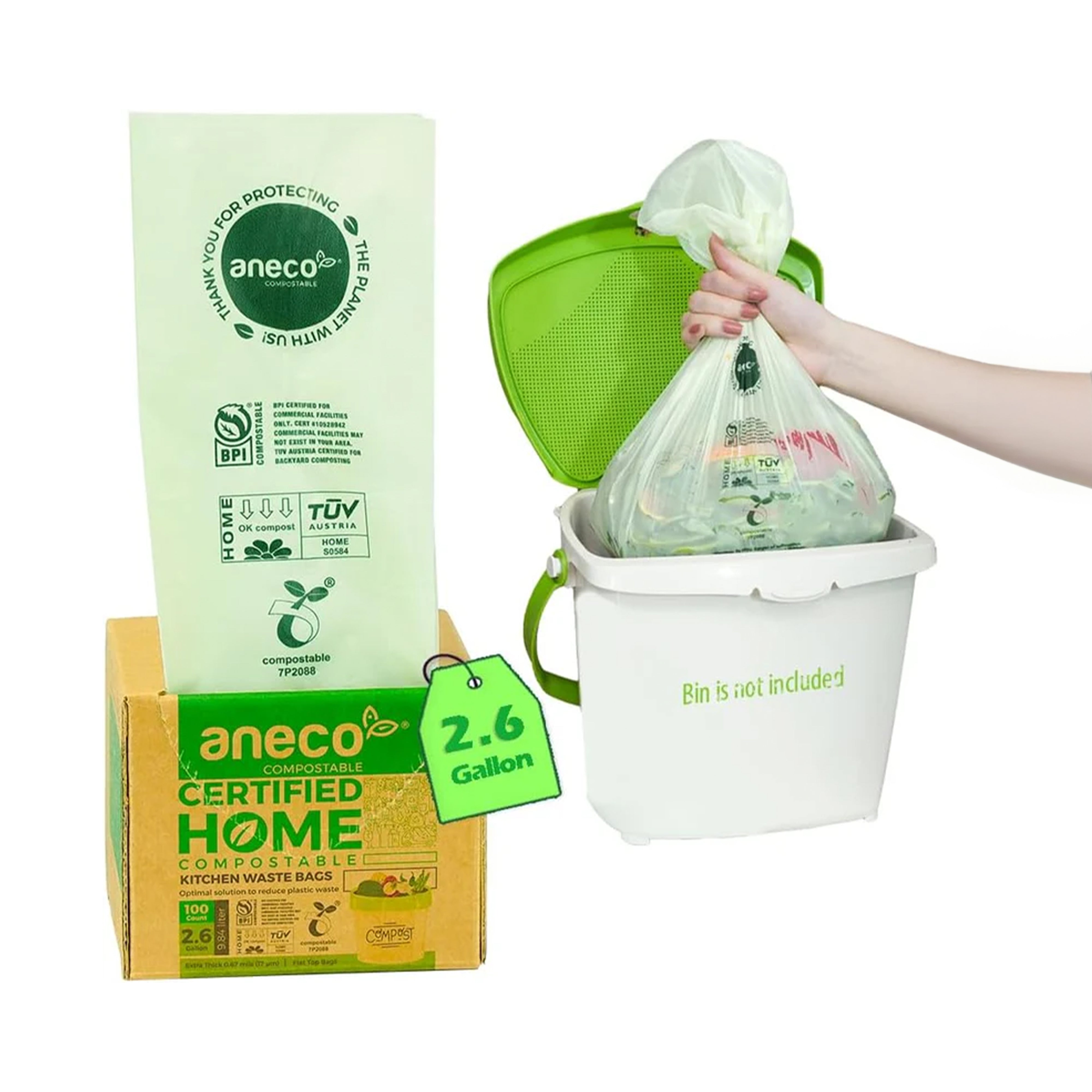 ANECO Compostable Trash Bags - Extra Thick, 100% Plastic-Free, 2.6 Gallon, 100 Count