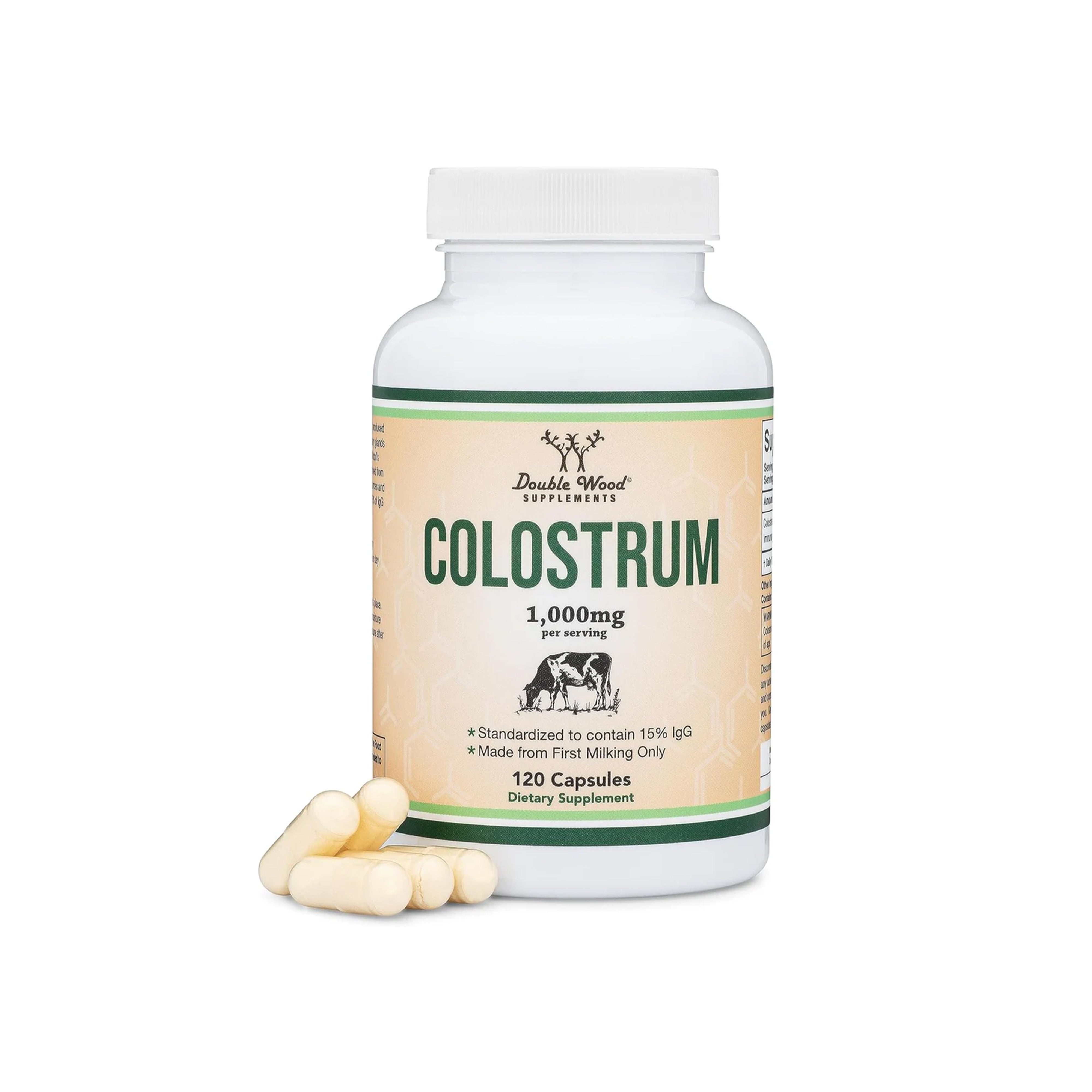 Double Wood Colostrum Supplement - 15% Immunoglobulins, No Fillers, 120 Capsules, 1,000mg