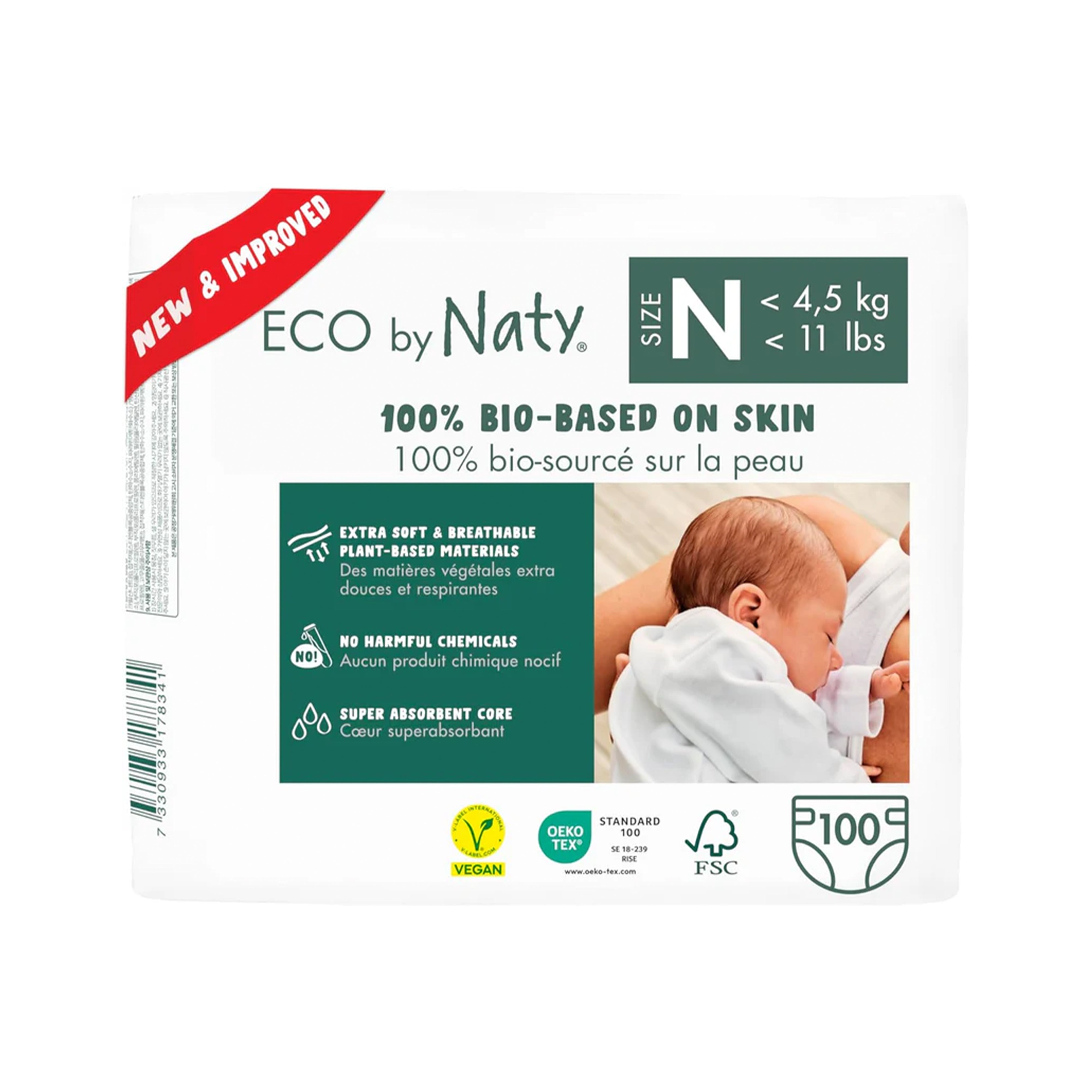 Eco by Naty Baby Diapers - 100% Plant-Based, Hypoallergenic, Super Absorbent - Size N, 100 Count