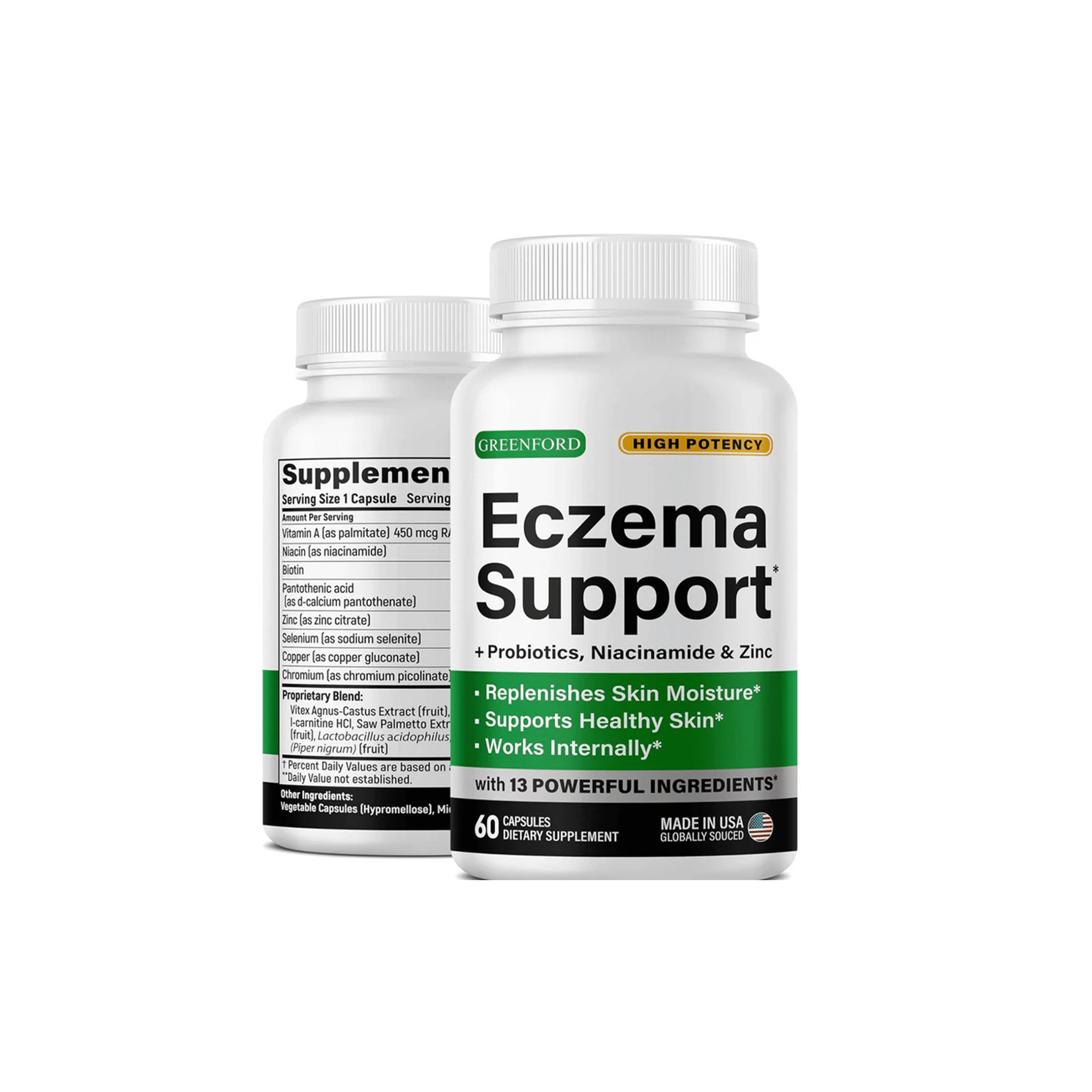 Greenford Eczema Treatment Supplement - Natural Skin Relief with Zinc, Probiotics - 60 Caps