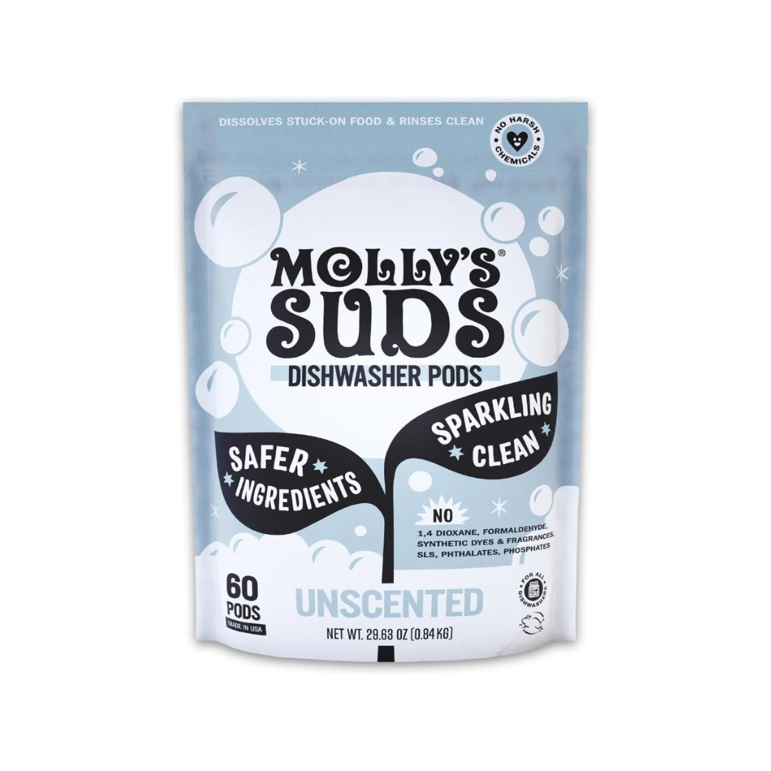 Molly's Suds Dishwasher Pods - Natural Grease Cutter, Residue-Free Clean, Hypoallergenic - 60 Tabs