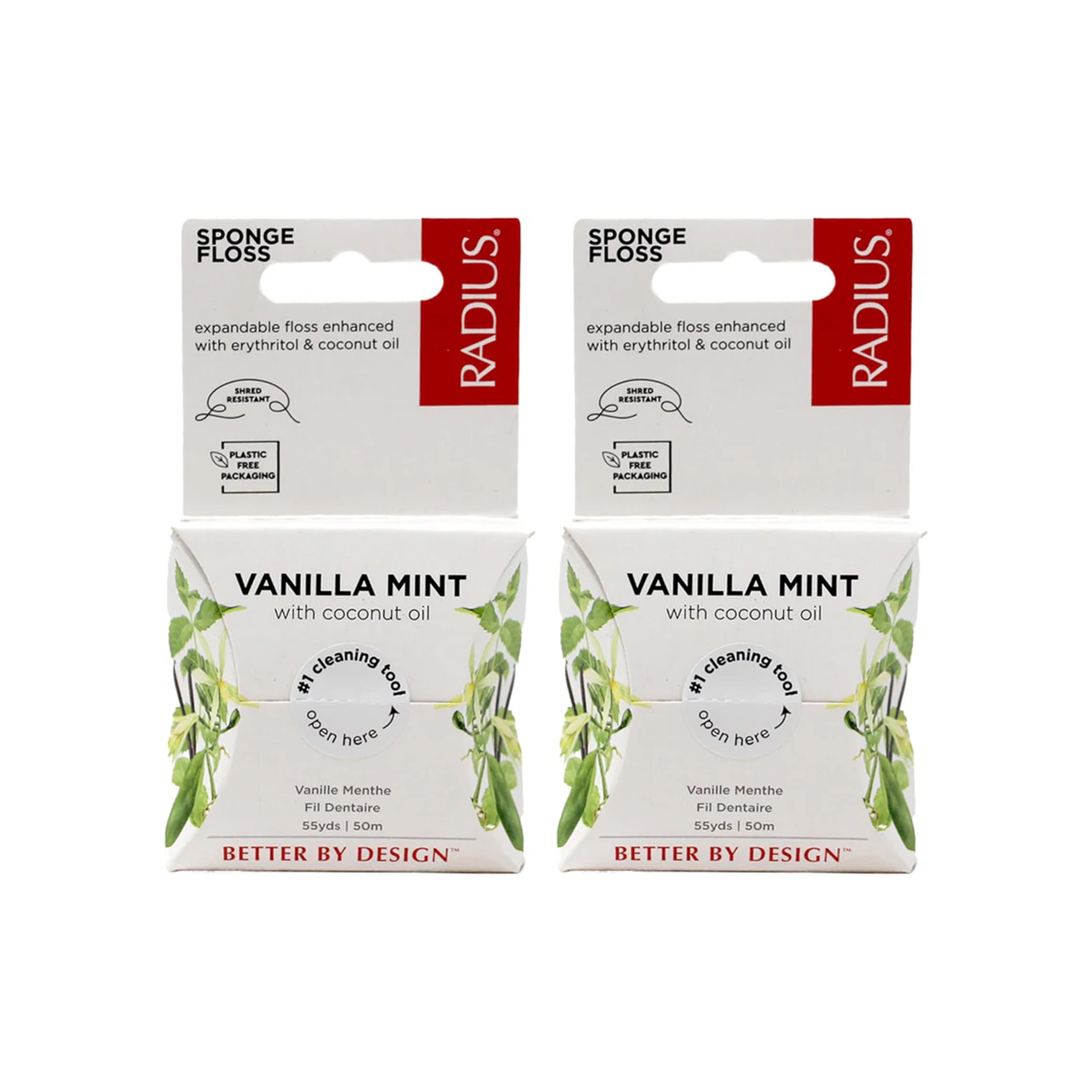 RADIUS Vanilla Mint Dental Floss - Non-Toxic Oral Care, Erythritol Boost - 55 Yards, Pack of 2