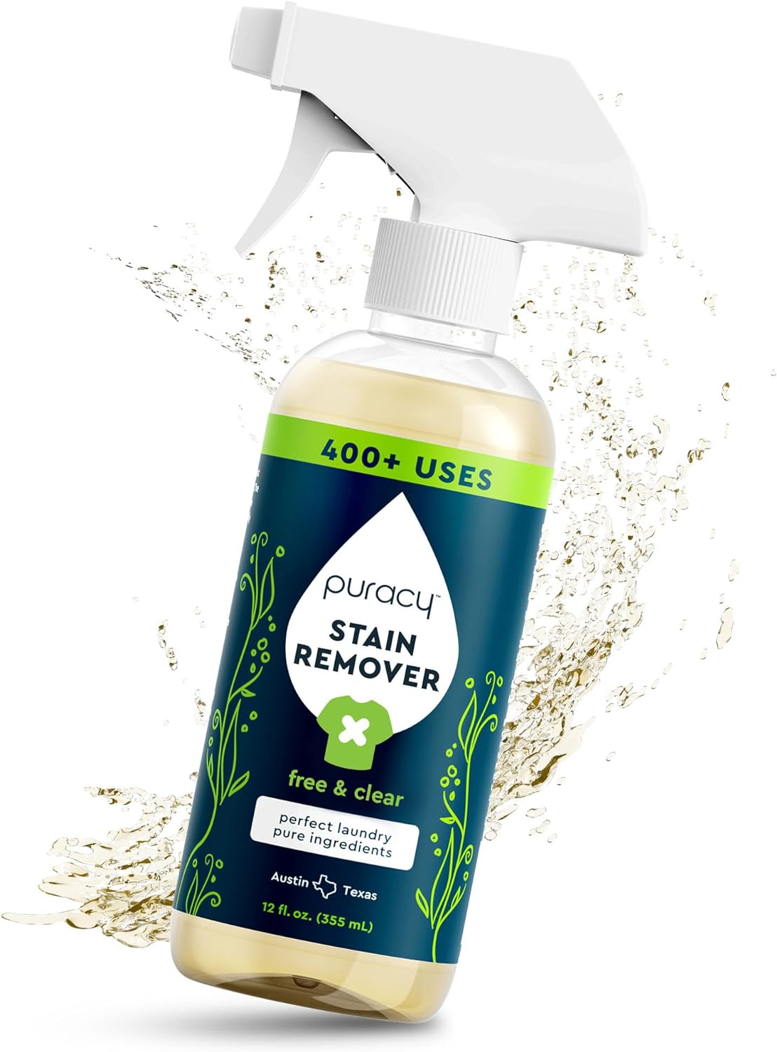 Puracy Stain Remover Spray - Enzyme-Powered, Safe for All Fabrics, Natural Ingredients - 12oz