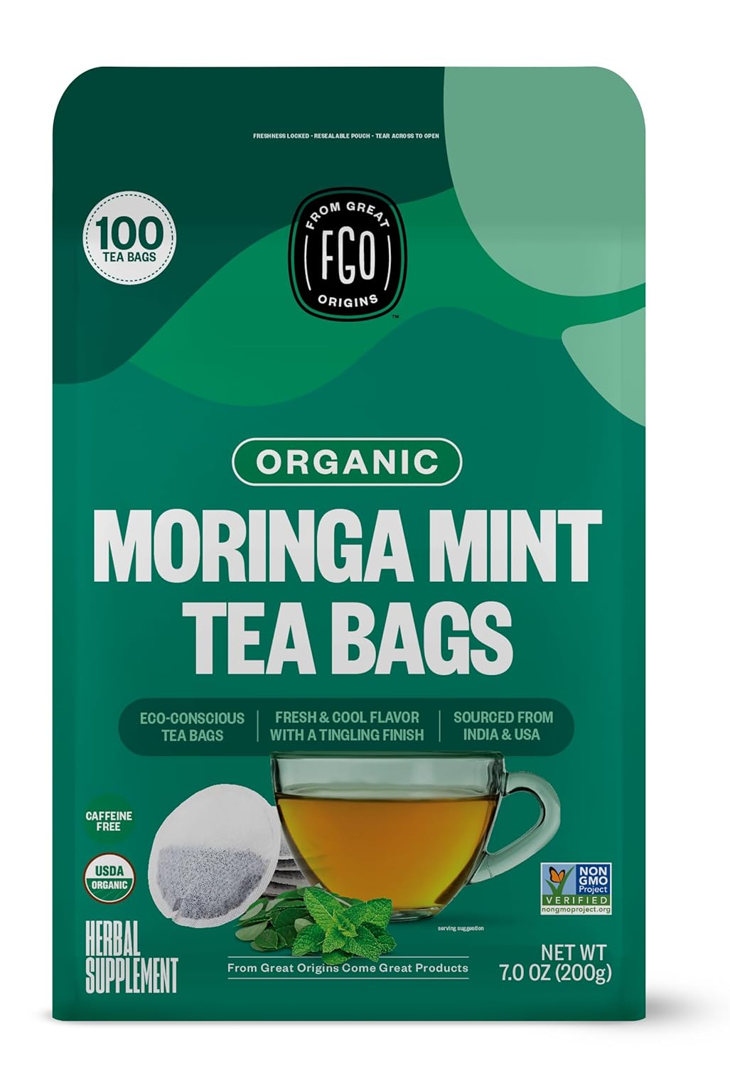 FGO Organic Moringa Mint Tea - Premium Non-GMO, USDA Organic, 100 Count Tea Bags