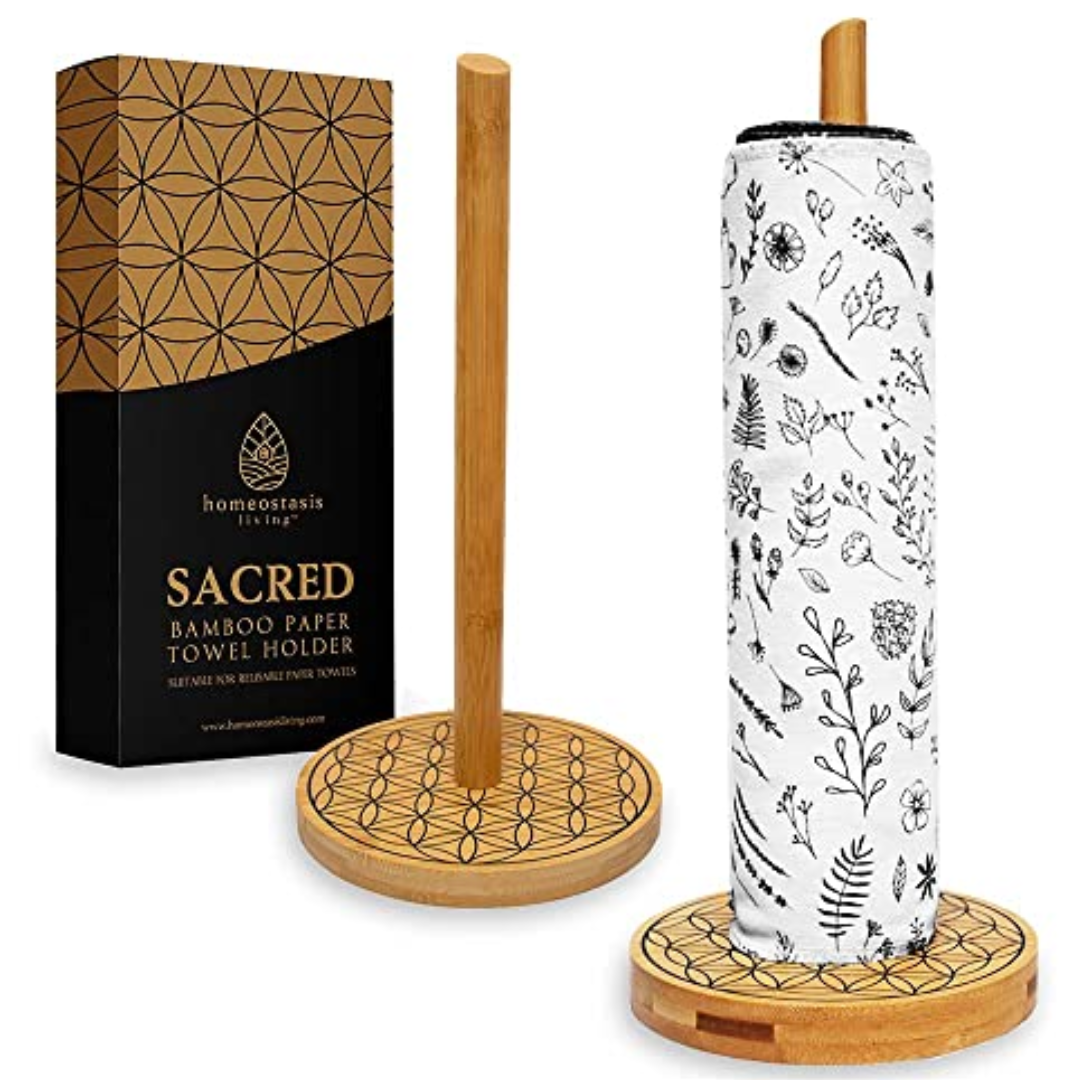 Homeostasis Living Bamboo Paper Towel Holder - Natural Wood Design, Zero Waste Gift - 13.4in
