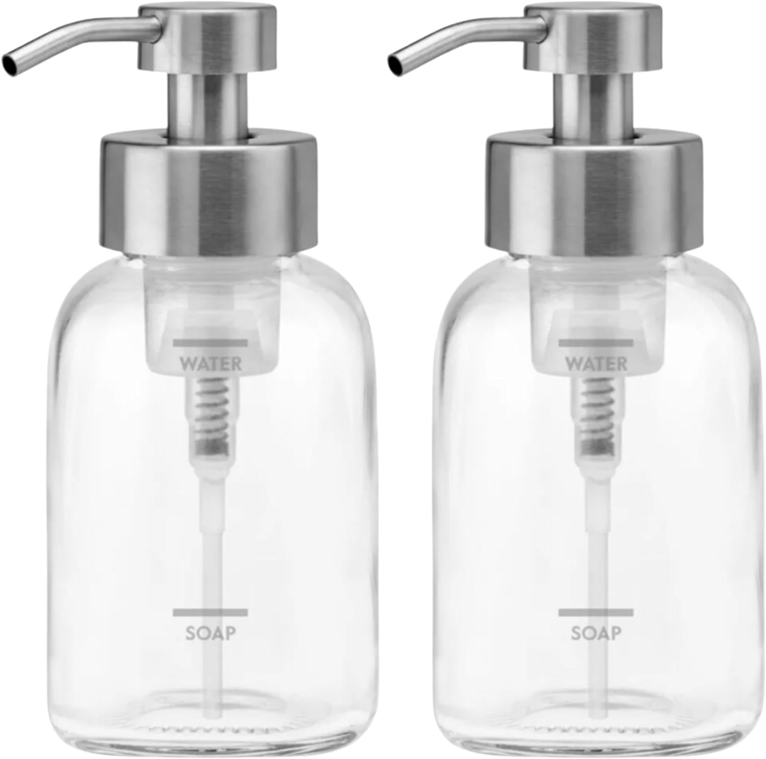 Foaming Soap Dispenser, 2 X Refillable Glass Bottles with Stainless Steel Pump, Reusable Liquid Hand Soap Set for Kitchen or Bathroom, Square Base, Reduce Plastic Waste