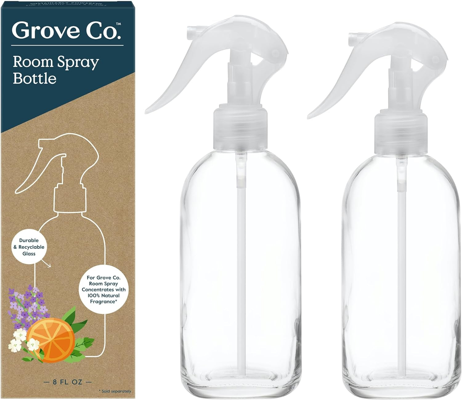 Spray Bottle Set (2 Pack) Refillable 8 Oz Glass Spray Bottles for Room Spray Concentrates, Made of Lead-Free, Partially Recycled Glass, Dishwasher Safe, Help Reduce Plastic Waste