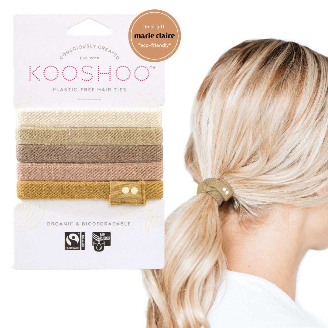 KOOSHOO Organic Cotton Hair Ties - No-Damage, Plastic-Free, Strong & Comfortable - 5ct, Blond