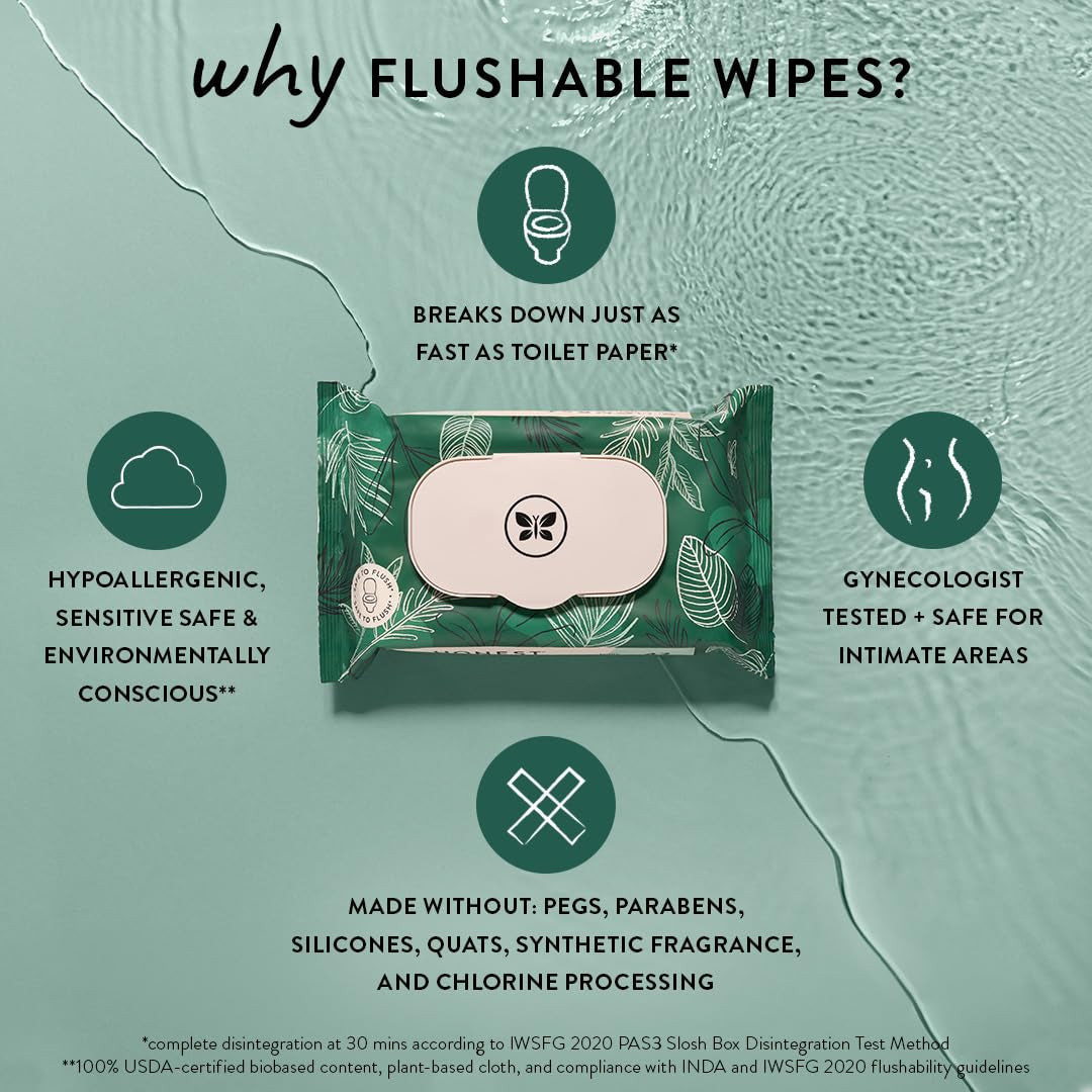 Plant-Based Flushable Wipes | 99% Water, Hypoallergenic, EWG Verified, Safe to Flush | Fragrance Free, 126 Count