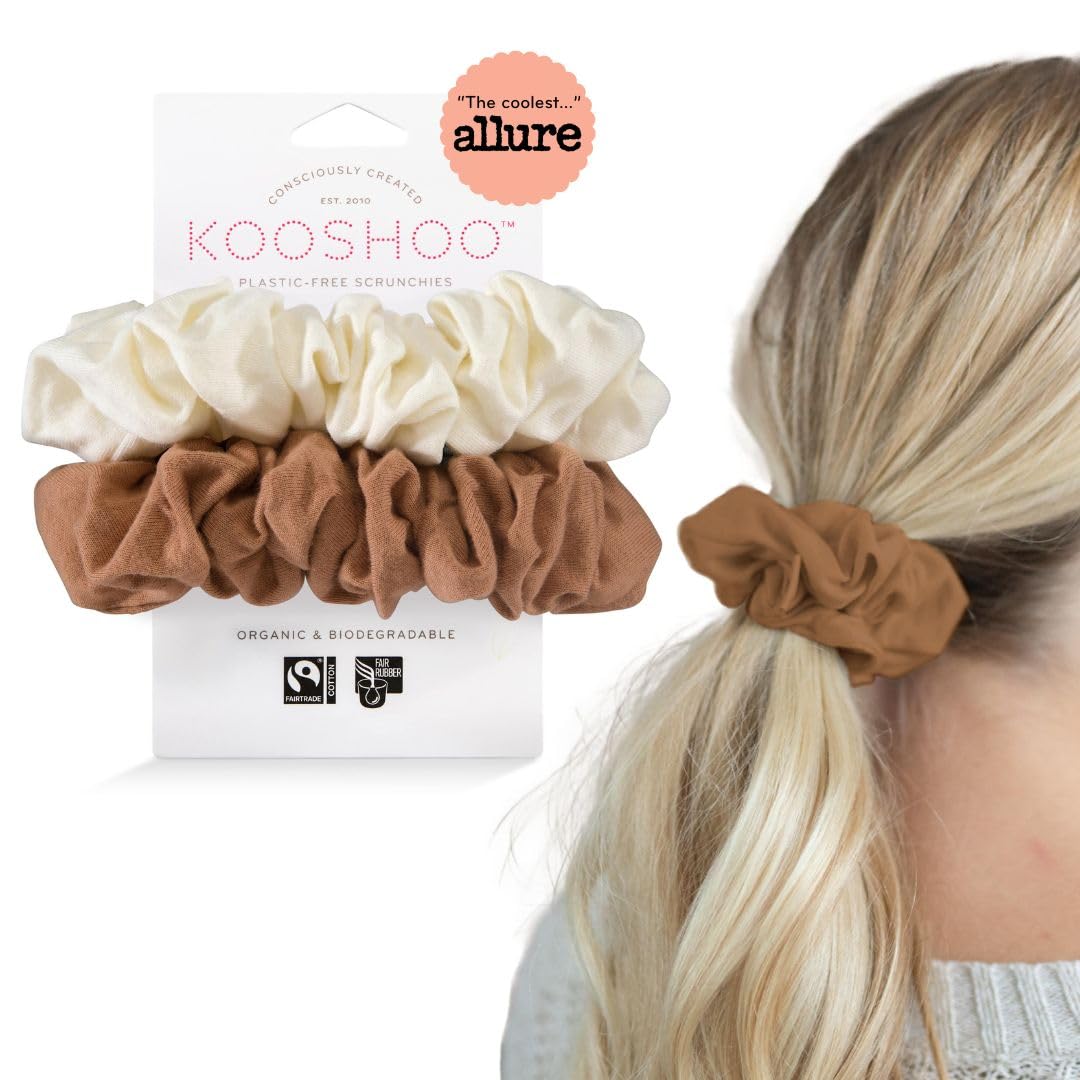 KOOSHOO Organic Cotton Hair Scrunchies - Durable, Gentle on Hair, Fair Trade - 2ct