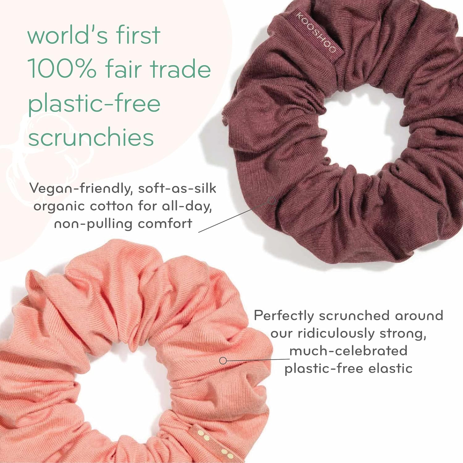 KOOSHOO Organic Cotton Hair Scrunchies - Durable, Gentle on Hair, Fair Trade - 2ct