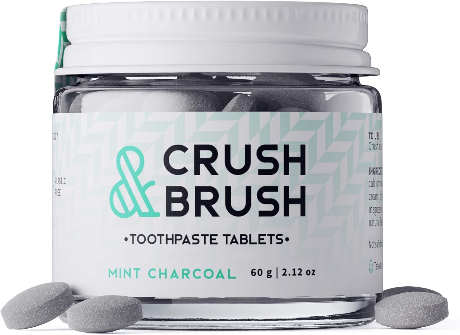 Crush & Brush Toothpaste Tablets - Fluoride-Free, Travel-Ready, Refillable Glass Jar - 60g
