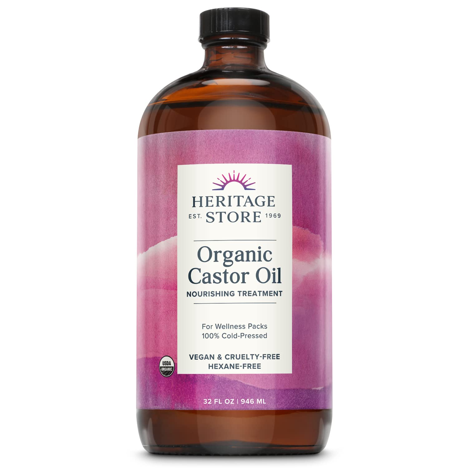 HERITAGE STORE Organic Castor Oil - Rich Hydration for Hair, Skin & Lashes - 32 Fl Oz Glass Bottle