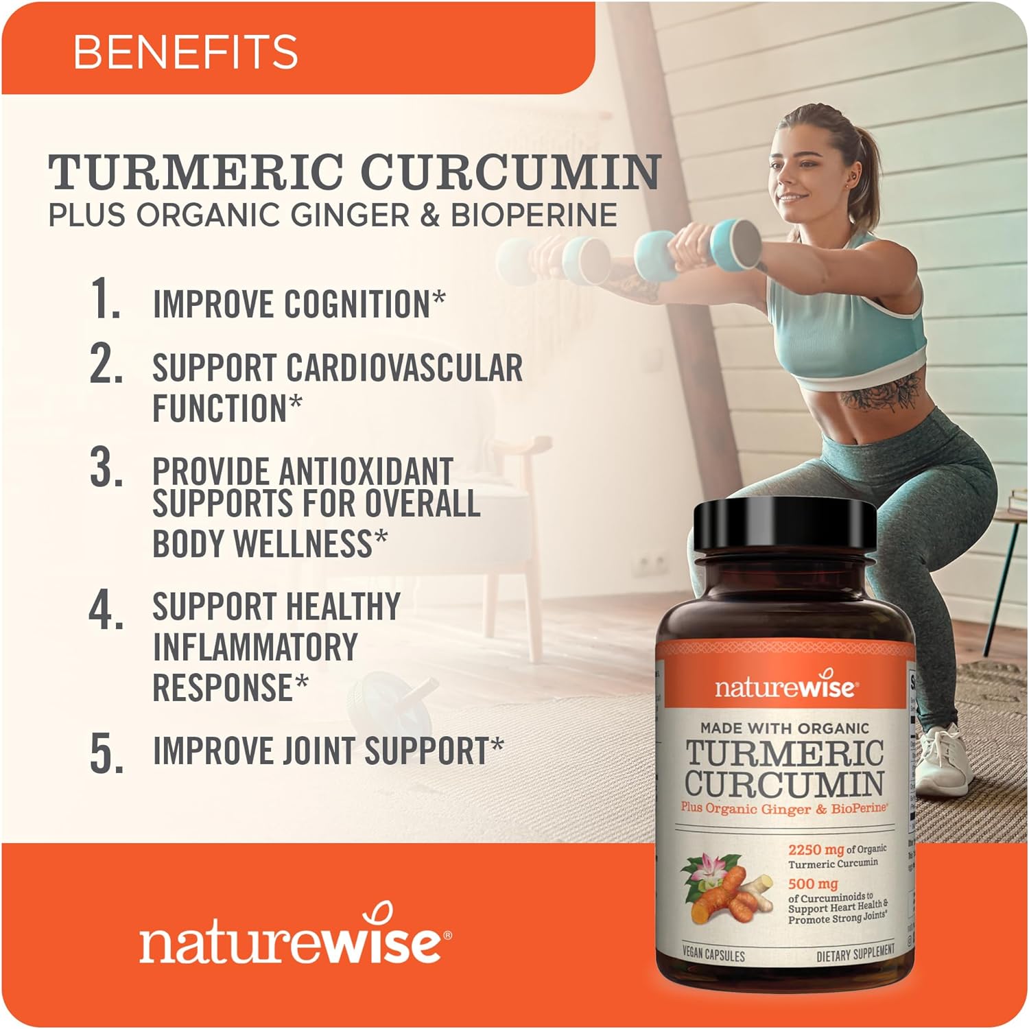 NatureWise Curcumin Herbal Supplement - 500mg Curcuminoids, Enhanced Absorption - 180 Count