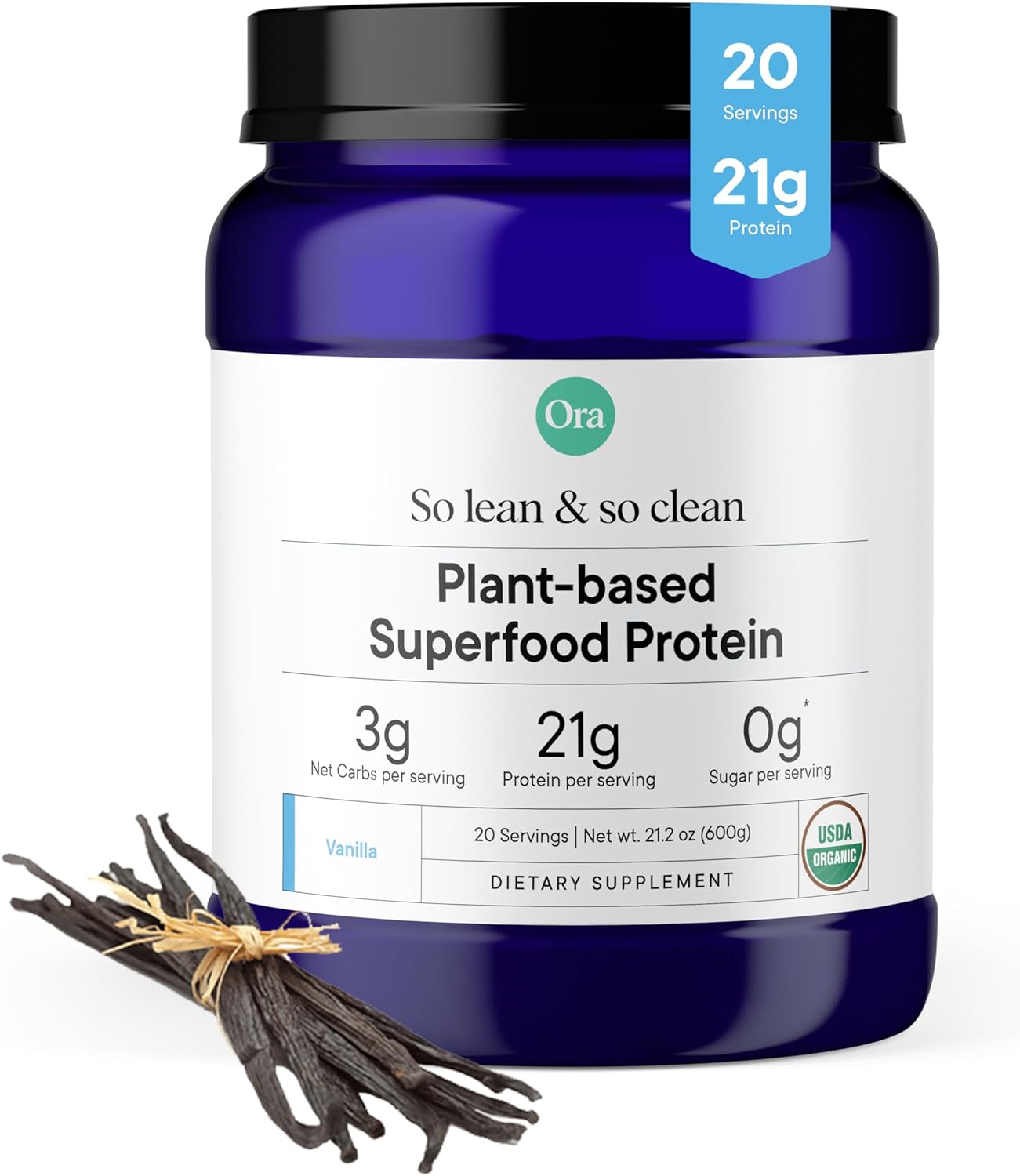 Ora Organic Protein Powder - 21g Plant-Based Protein, 19 Superfoods, Vanilla Flavor - 20 Servings