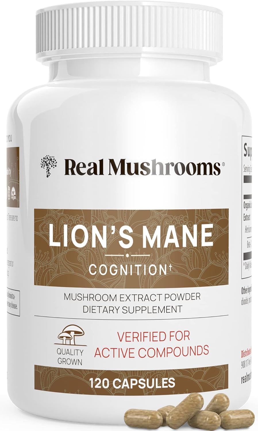 Real Mushrooms Lion’s Mane Mushroom Capsules - Cognitive & Immune Support, Organic Extract - 120ct
