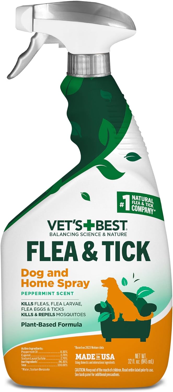Vet's Best Dog Flea & Tick Spray - Natural Plant-Based Protection, Safe for Home & Pets - 32oz
