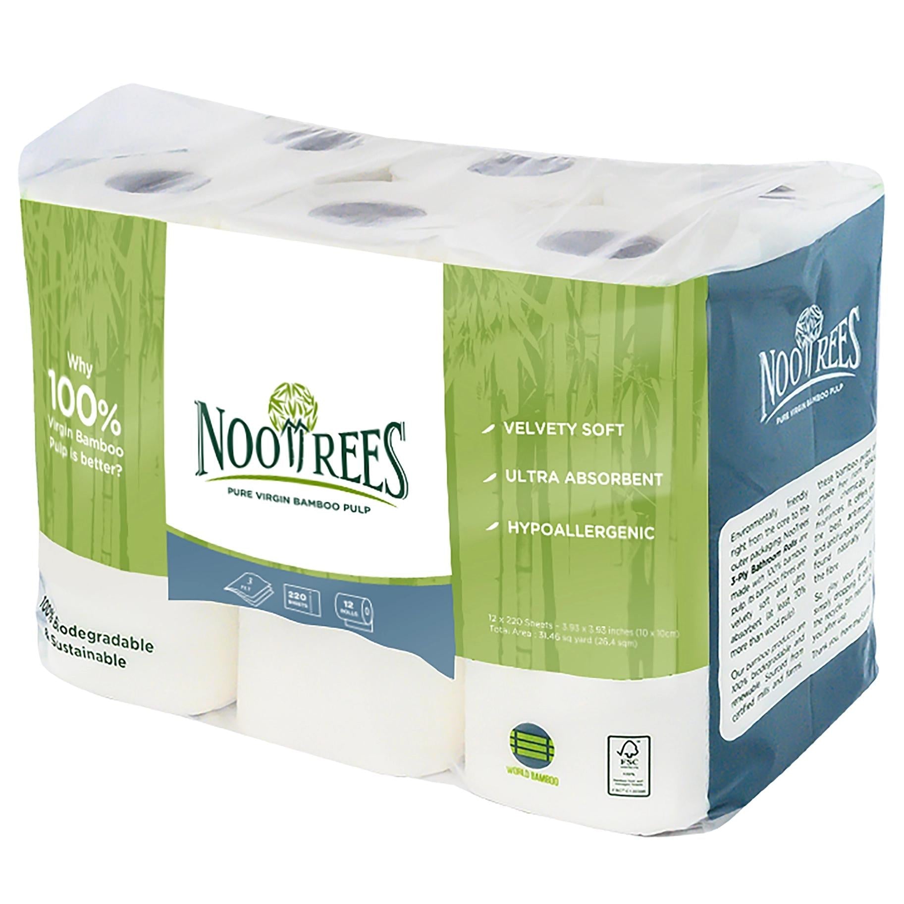 NooTrees Bamboo Toilet Tissue - Ultra Absorbent, Biodegradable, FSC Certified - 12 Rolls, 220 Sheets