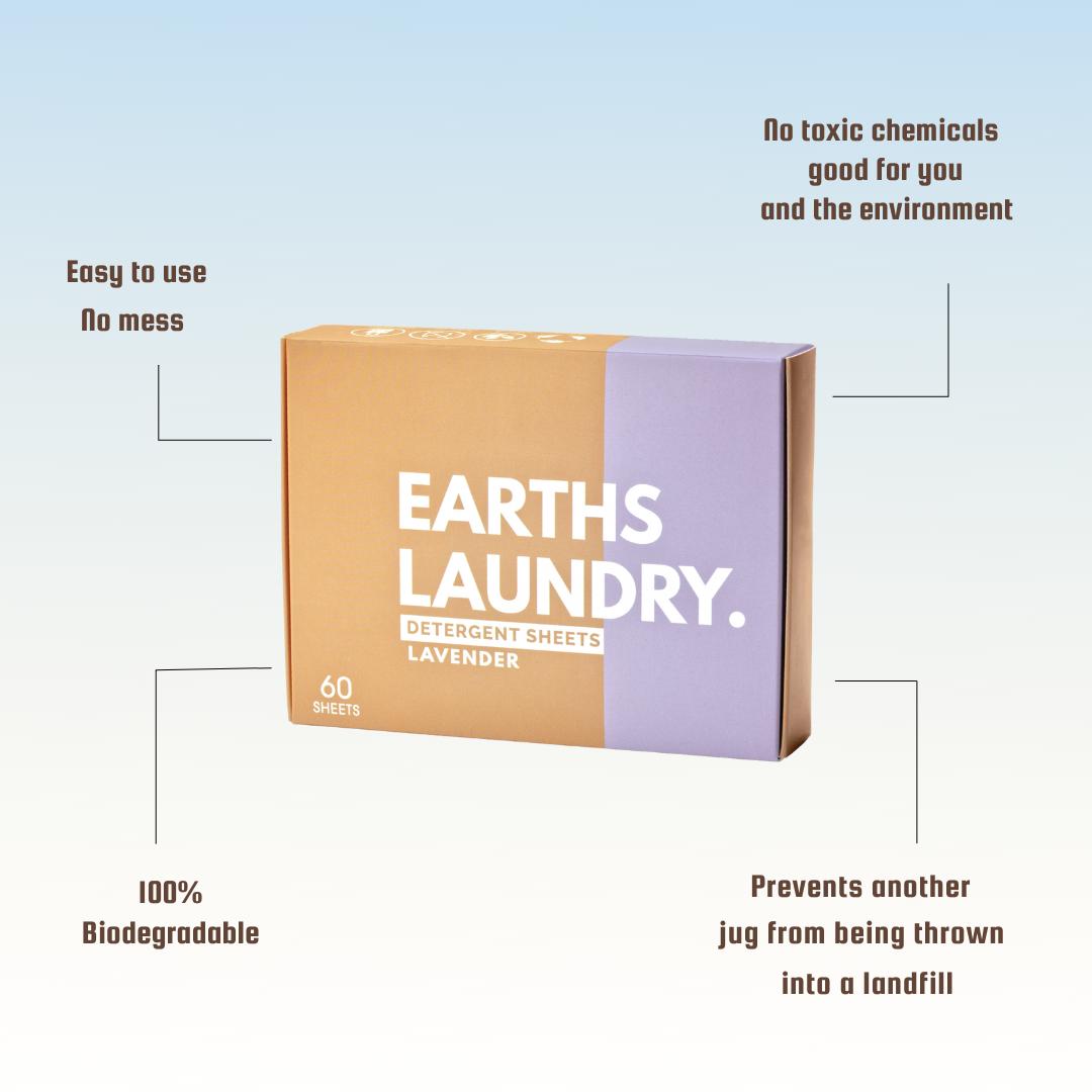 Earths Laundry Detergent Sheets - Powerful Clean, Hypoallergenic, Biodegradable - 60 Sheets