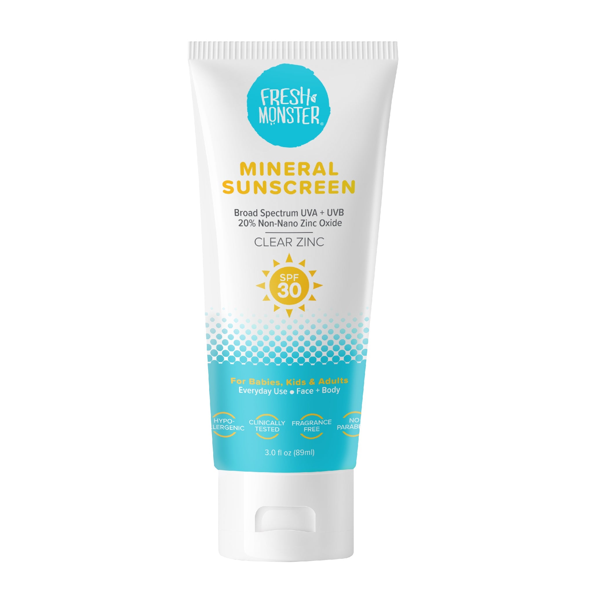 Fresh Monster Kids Sunscreen - SPF 30, Non-Nano Zinc Oxide, Reef Safe & Hypoallergenic - 3oz