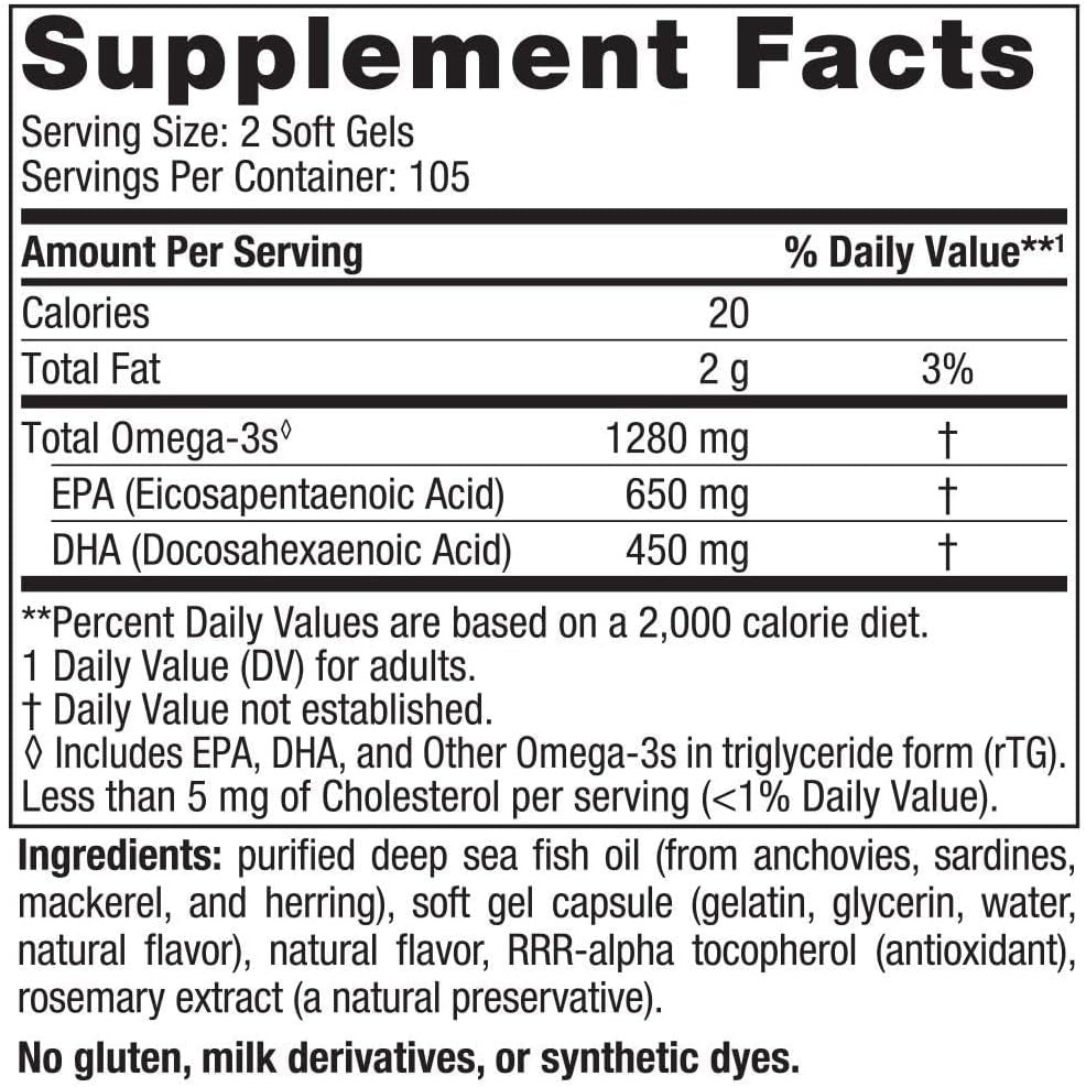 Ultimate Omega, Lemon Flavor - 210 Soft Gels - 1280 Mg Omega-3 - High-Potency Omega-3 Fish Oil with EPA & DHA - Promotes Brain & Heart Health - Non-Gmo - 105 Servings