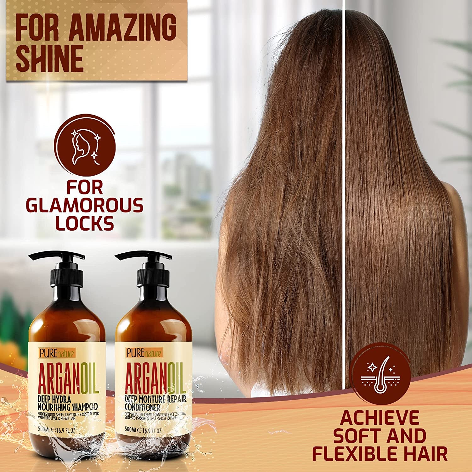 Argan Oil Shampoo and Conditioner Set - Moisturizing Sulfate Free Moroccan Care with Keratin - for Curly, Straight, Dry and Damaged Hair - Hydrating, anti Frizz Salon Technology