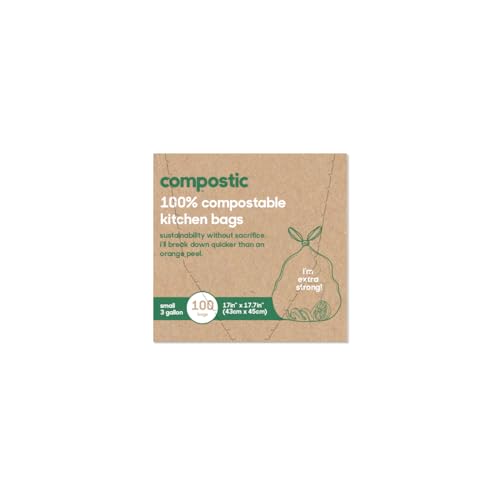 Compostic Compost Bags - 100% Compostable, Extra Strong, Non-Toxic, 3 Gallon - 100 Count