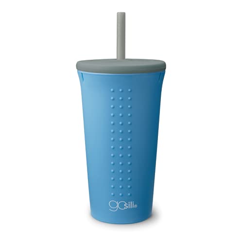 GoSili Reusable Silicone Straw Cup - Durable, Non-Toxic, 16oz Foggy Blue with Lid