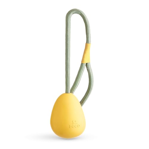 Beco Dog Toy - Natural Rubber Egg on Recycled Rope, Tough & Safe for Fetch - Yellow, 8.7cm