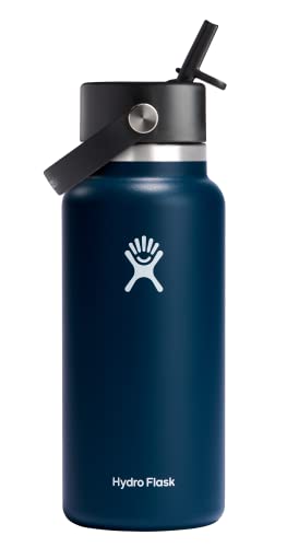 Hydro Flask Wide Mouth Water Bottle - Leakproof Flex Straw Cap, Insulated, 32oz, Indigo