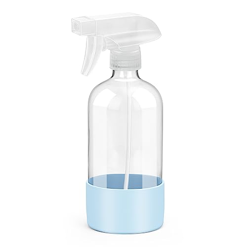 Rionisor Glass Spray Bottle - Adjustable Nozzle, Non-Slip Silicone Sleeve, Refillable - 16oz Blue