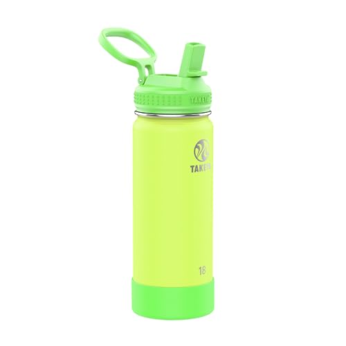 Takeya Actives Kids Water Bottle - Insulated, Leak-Proof Straw Lid, BPA Free - 18oz Lightning Green