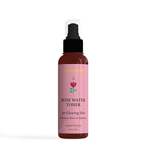 Auravedic Rose Water Toner Spray - Reduces Pores, Maintains pH Balance, Hydrating Mist - 3.38 Fl Oz