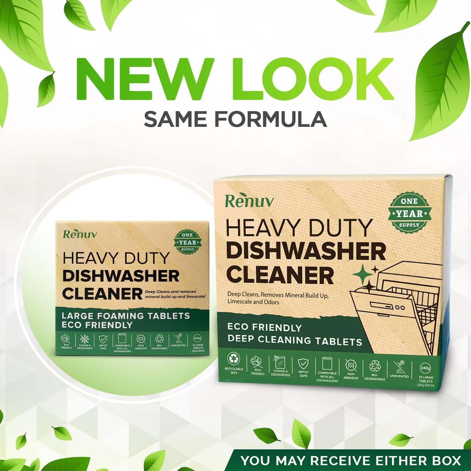 Heavy Duty Dishwasher Cleaner and Deodorizer Tablets, Descaler, Deep Cleaning, Natural Odor and Smell Remover, Calcium, Limescale, Hard Water Marks, Grease, Septic Safe Pods (12 Tabs - 1 Yr Supply)