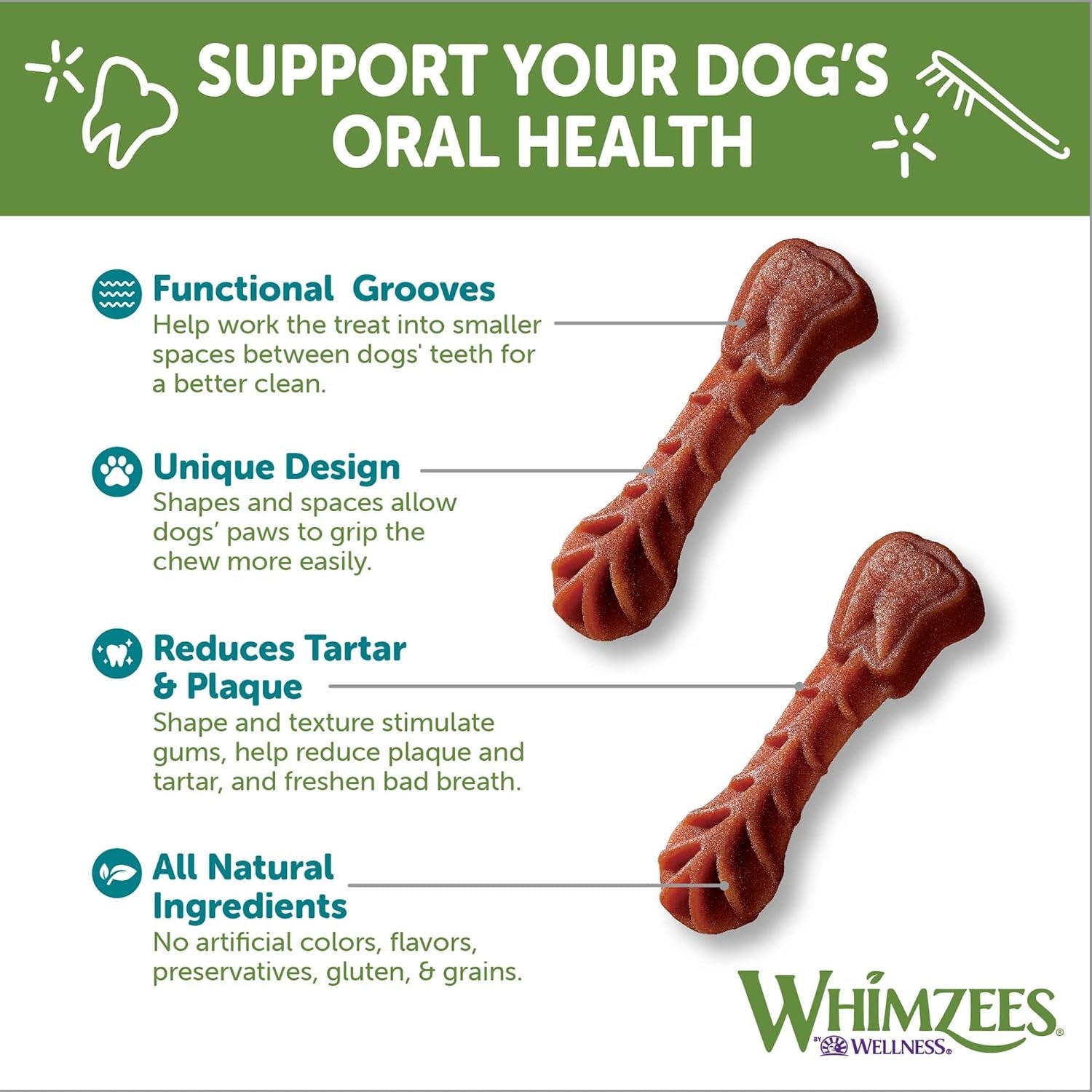 WHIMZEES by Wellness Brushing Dental Chews for Dogs, Grain-Free, Long Lasting Treats, Freshens Breath Extra Small Breed, 48 Count