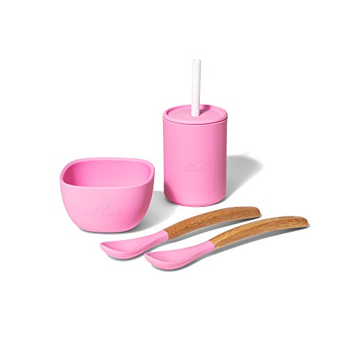 Avanchy Baby Gift Set - Mini Silicone Bowl & Cup, Bamboo Spoons, Easy to Clean - Green